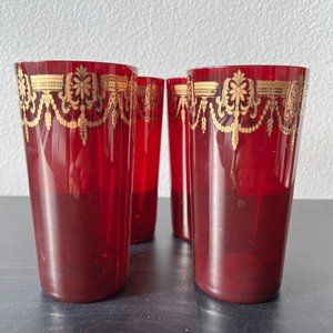 Vintage Ruby Red Glass Tumblers with Gold Trim 12 oz Set of 4 Midcentury